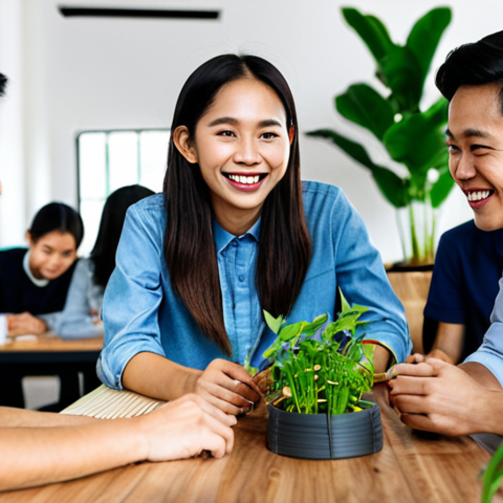 A diverse group of young Vietnamese professionals, fully clothed in modest business casual attire, collaboratively engaging in a community workshop in a bright, modern co-working space. The environment features subtle elements of sustainability, such as abundant green plants and decor made from natural or recycled materials. People are smiling, sharing ideas, and actively participating, embodying themes of user loyalty and social responsibility. The image captures a safe for work, appropriate content, and professional setting with perfect anatomy, correct proportions, well-formed hands, and natural body proportions, ensuring a high-quality professional photograph.