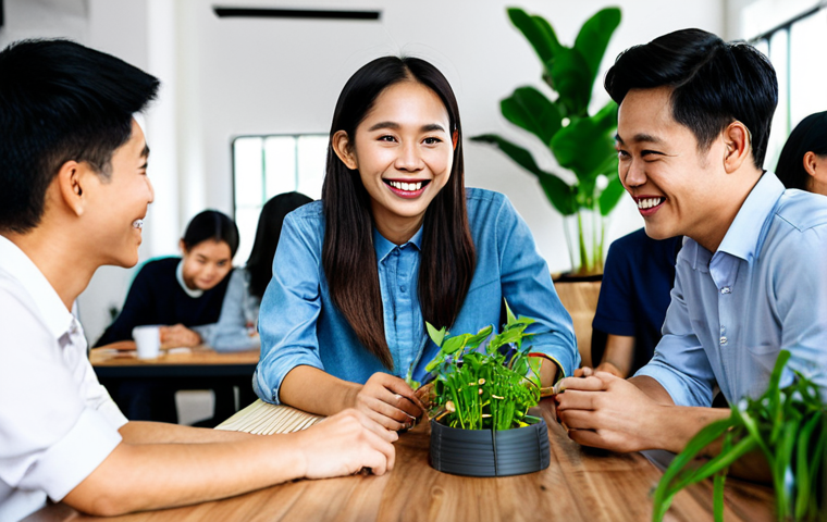 A diverse group of young Vietnamese professionals, fully clothed in modest business casual attire, collaboratively engaging in a community workshop in a bright, modern co-working space. The environment features subtle elements of sustainability, such as abundant green plants and decor made from natural or recycled materials. People are smiling, sharing ideas, and actively participating, embodying themes of user loyalty and social responsibility. The image captures a safe for work, appropriate content, and professional setting with perfect anatomy, correct proportions, well-formed hands, and natural body proportions, ensuring a high-quality professional photograph.