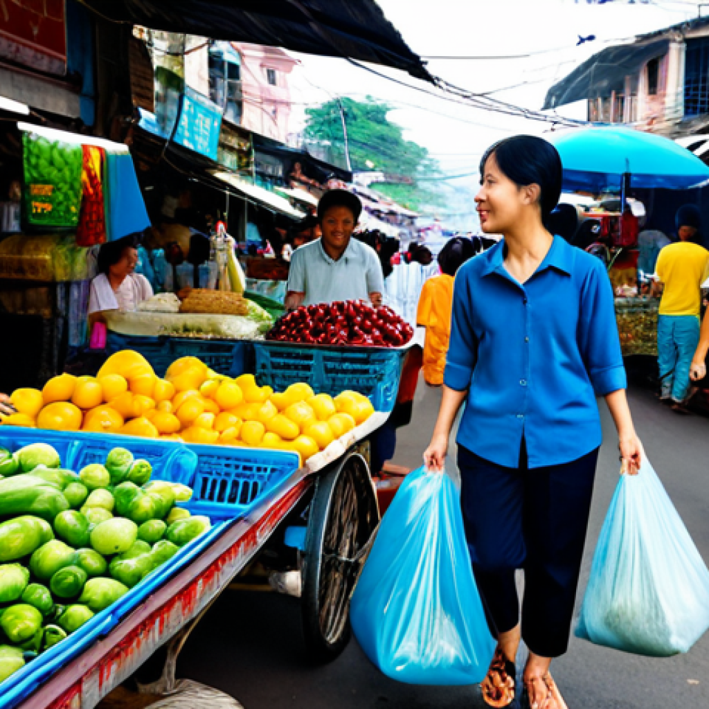 Reducing Plastic Waste at a Local Market**
"A bustling Vietnamese market scene, showcasing shoppers with reusable vải bags and giỏs filled with fresh produce. Vendors are selling items without plastic packaging or with minimal, recyclable packaging. Focus on vibrant colors and a sense of community. fully clothed, safe for work, appropriate content, perfect anatomy, correct proportions, natural pose, professional photography, high quality, modest attire, family-friendly."
**