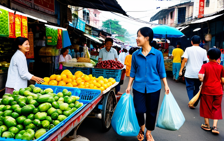 Reducing Plastic Waste at a Local Market**
"A bustling Vietnamese market scene, showcasing shoppers with reusable vải bags and giỏs filled with fresh produce. Vendors are selling items without plastic packaging or with minimal, recyclable packaging. Focus on vibrant colors and a sense of community. fully clothed, safe for work, appropriate content, perfect anatomy, correct proportions, natural pose, professional photography, high quality, modest attire, family-friendly."
**