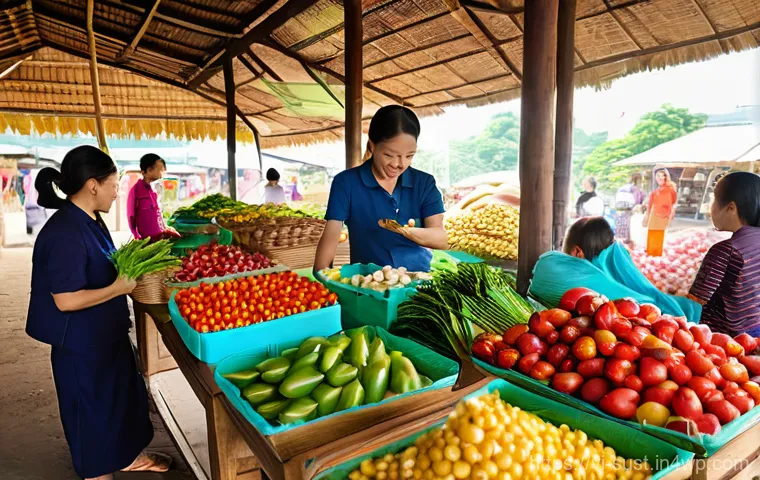 지속 가능한 소비를 위한 포장 기술 혁신 - Prompt 1: A Vibrant Vietnamese Market Scene with Biodegradable Packaging**