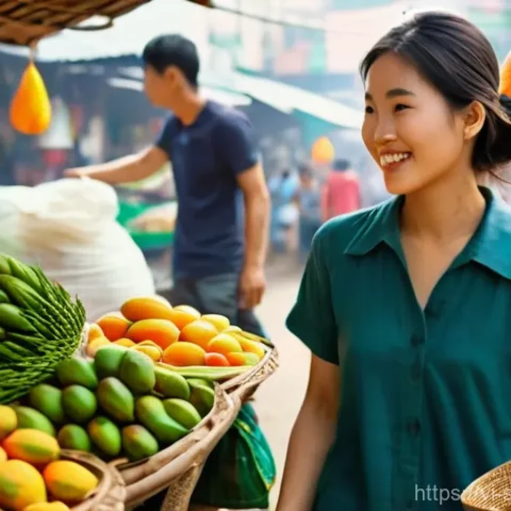 지속 가능한 소비를 위한 혁신적인 상금 프로그램 - **Prompt:** A vibrant, sunlit scene inside a bustling traditional Vietnamese market. A cheerful youn...