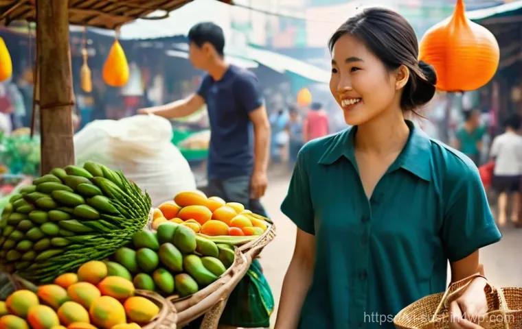 지속 가능한 소비를 위한 혁신적인 상금 프로그램 - **Prompt:** A vibrant, sunlit scene inside a bustling traditional Vietnamese market. A cheerful youn...