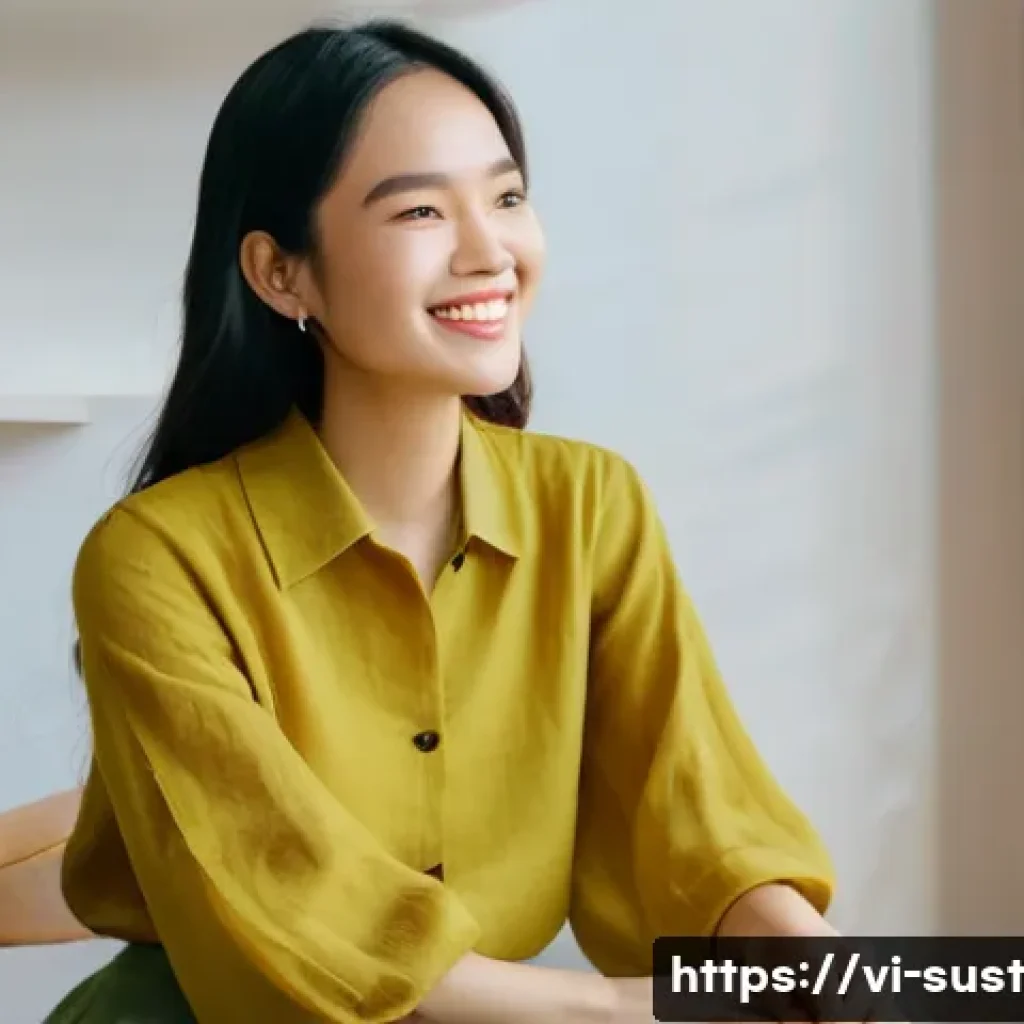 지속 가능한 패션 소비를 위한 온라인 플랫폼 - **Prompt:** A stylish Vietnamese Gen Z woman, mid-20s, with a radiant smile, comfortably seated in a...