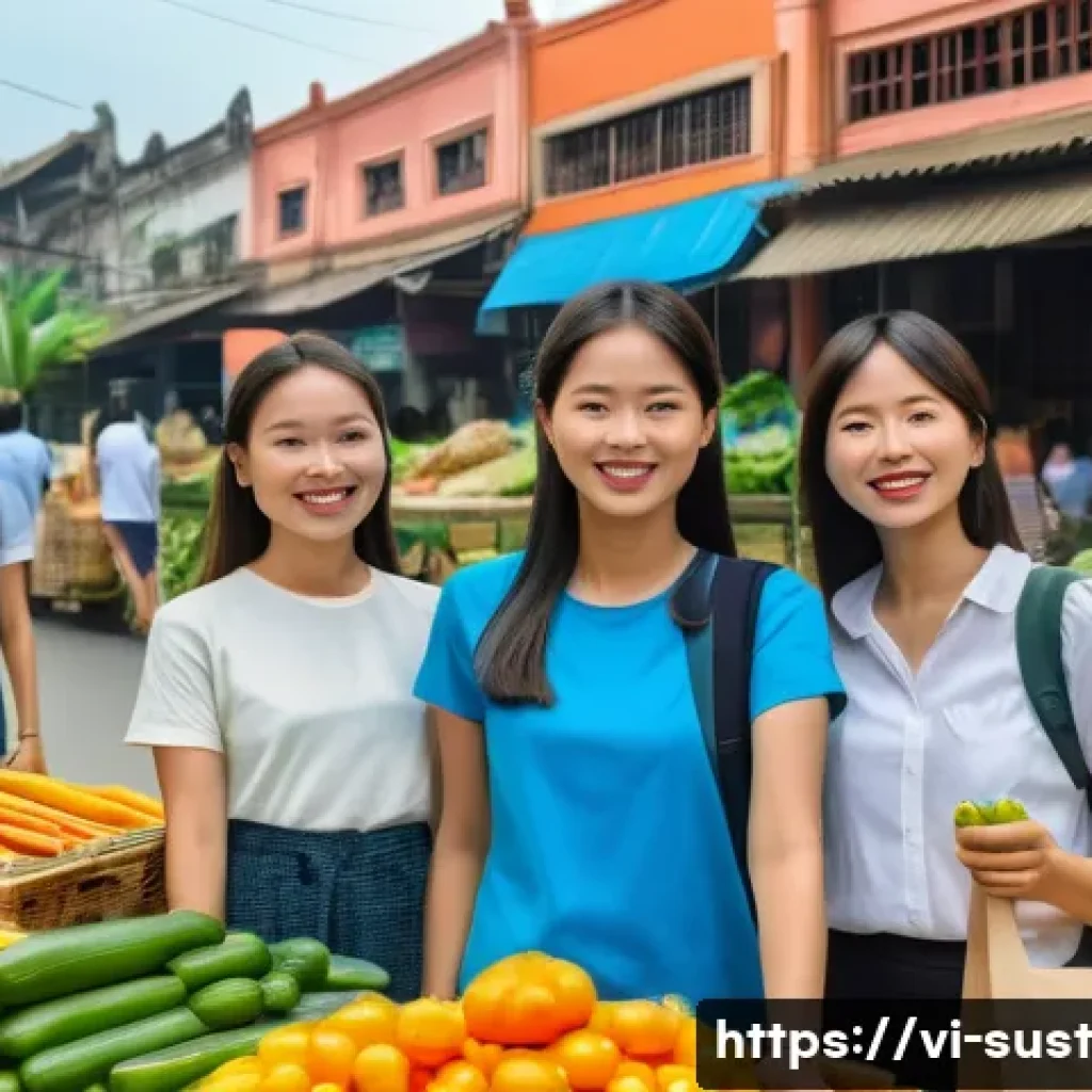 지속 가능한 소비를 위한 소비자 행동 분석 - A vibrant Vietnamese local market scene showcasing eco-friendly products: reusable fabric shopping b...