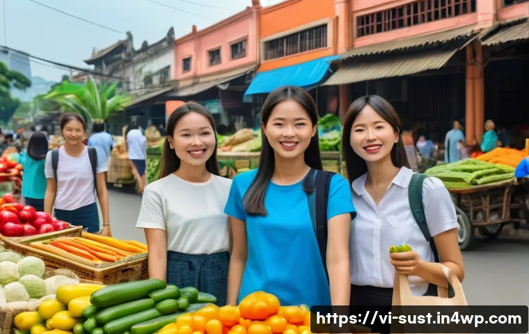 지속 가능한 소비를 위한 소비자 행동 분석 - A vibrant Vietnamese local market scene showcasing eco-friendly products: reusable fabric shopping b...