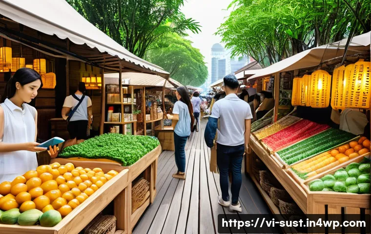 기술이 이끄는 지속 가능한 소비의 미래 - A modern Vietnamese urban market scene featuring diverse eco-friendly products made from recycled ma...