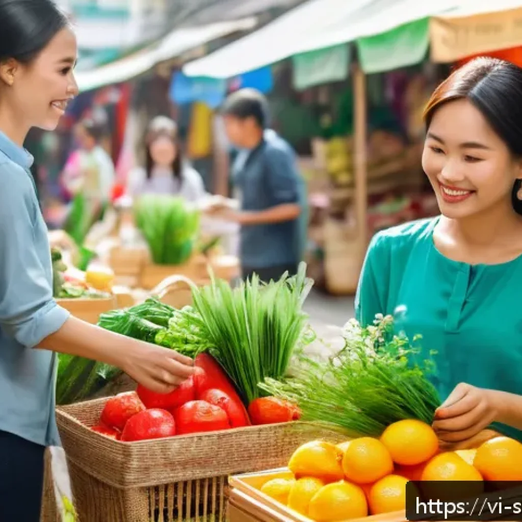 지속 가능한 소비를 위한 콘텐츠 마케팅 전략 - A vibrant Vietnamese marketplace scene featuring diverse customers shopping for eco-friendly product...