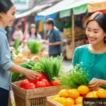 Home 21 지속 가능한 소비를 위한 콘텐츠 마케팅 전략 - A vibrant Vietnamese marketplace scene featuring diverse customers shopping for eco-friendly product...