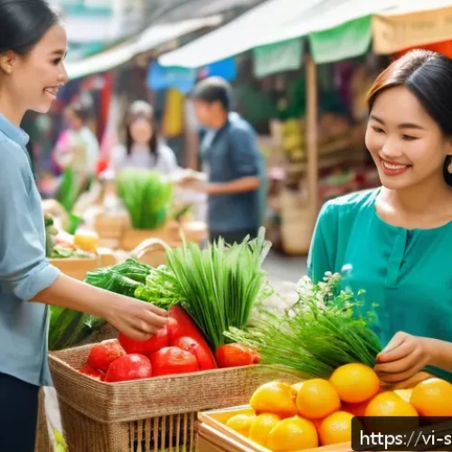 Home 33 지속 가능한 소비를 위한 콘텐츠 마케팅 전략 - A vibrant Vietnamese marketplace scene featuring diverse customers shopping for eco-friendly product...