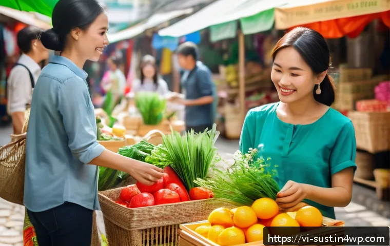 지속 가능한 소비를 위한 콘텐츠 마케팅 전략 - A vibrant Vietnamese marketplace scene featuring diverse customers shopping for eco-friendly product...