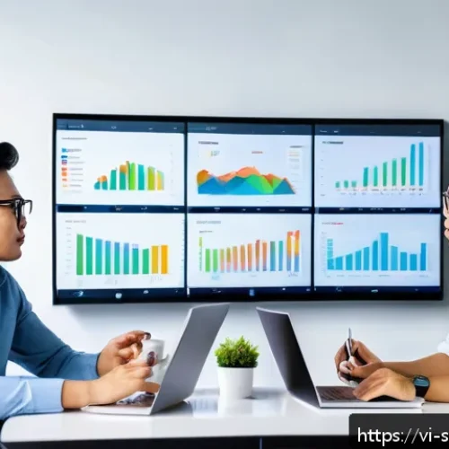 Home 32 구독 서비스의 지속 가능성 분석 - A modern Vietnamese startup office environment showing a diverse group of young professionals analyz...