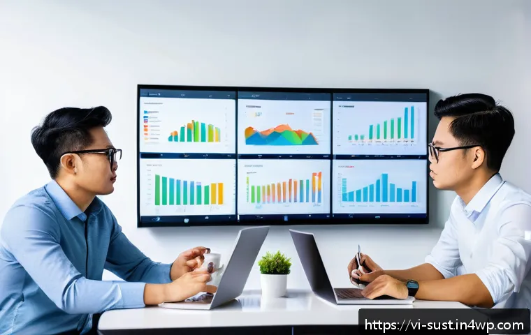 구독 서비스의 지속 가능성 분석 - A modern Vietnamese startup office environment showing a diverse group of young professionals analyz...