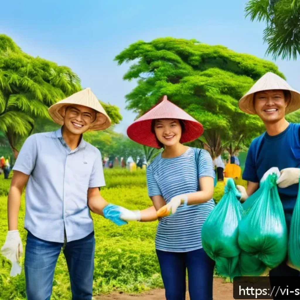 지속 가능한 소비를 위한 커뮤니티 활성화 방법 - A vibrant community cleanup event in a Vietnamese neighborhood park, featuring diverse groups of adu...