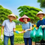 Home 19 지속 가능한 소비를 위한 커뮤니티 활성화 방법 - A vibrant community cleanup event in a Vietnamese neighborhood park, featuring diverse groups of adu...