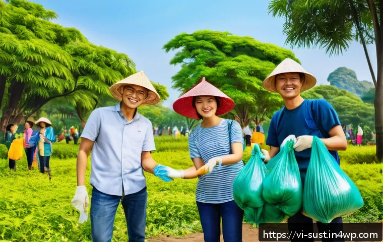 지속 가능한 소비를 위한 커뮤니티 활성화 방법 - A vibrant community cleanup event in a Vietnamese neighborhood park, featuring diverse groups of adu...