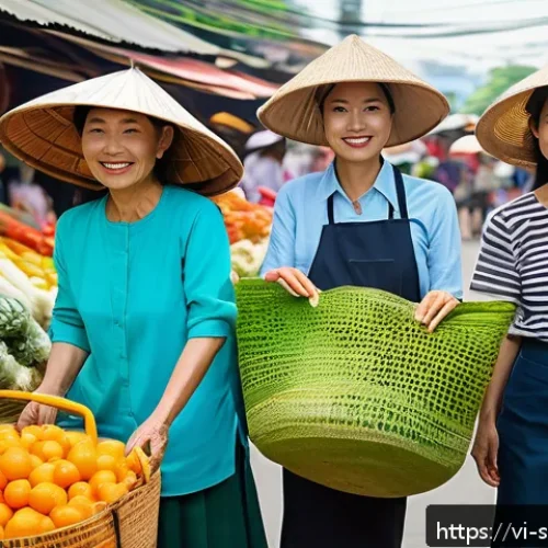 Home 30 지속 가능한 소비를 위한 신뢰할 수 있는 브랜드 - A vibrant Vietnamese local market scene showcasing eco-friendly shopping habits: diverse Vietnamese ...