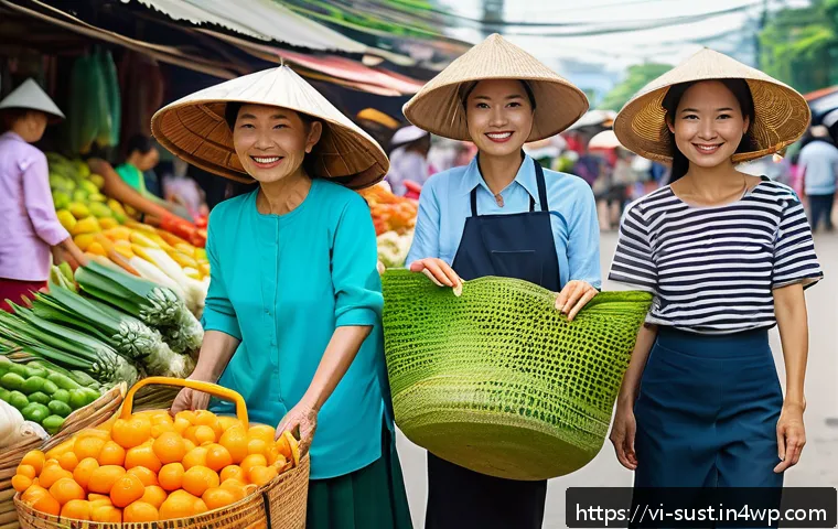 지속 가능한 소비를 위한 신뢰할 수 있는 브랜드 - A vibrant Vietnamese local market scene showcasing eco-friendly shopping habits: diverse Vietnamese ...