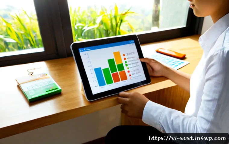 Home 17 지속 가능한 소비를 위한 데이터 분석 도구 - Photorealistic Vietnamese young professional at a clean home office desk, reviewing a tablet with si...