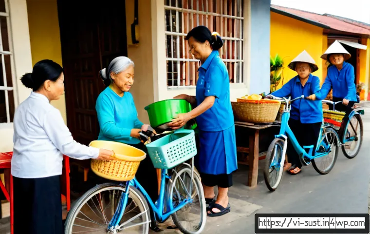 지속 가능한 소비를 위한 커뮤니티 지원 프로그램 - Photorealistic community refill station in a modern Vietnamese neighborhood, a diverse group of Viet...
